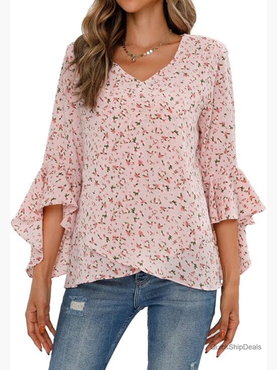 Tops - Floral V-Neck Bell Sleeve Blouse Dressy Casual T-Shirt